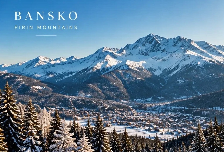 Bansko, Pirin Mountains: snow-covered peaks above the town in the valley